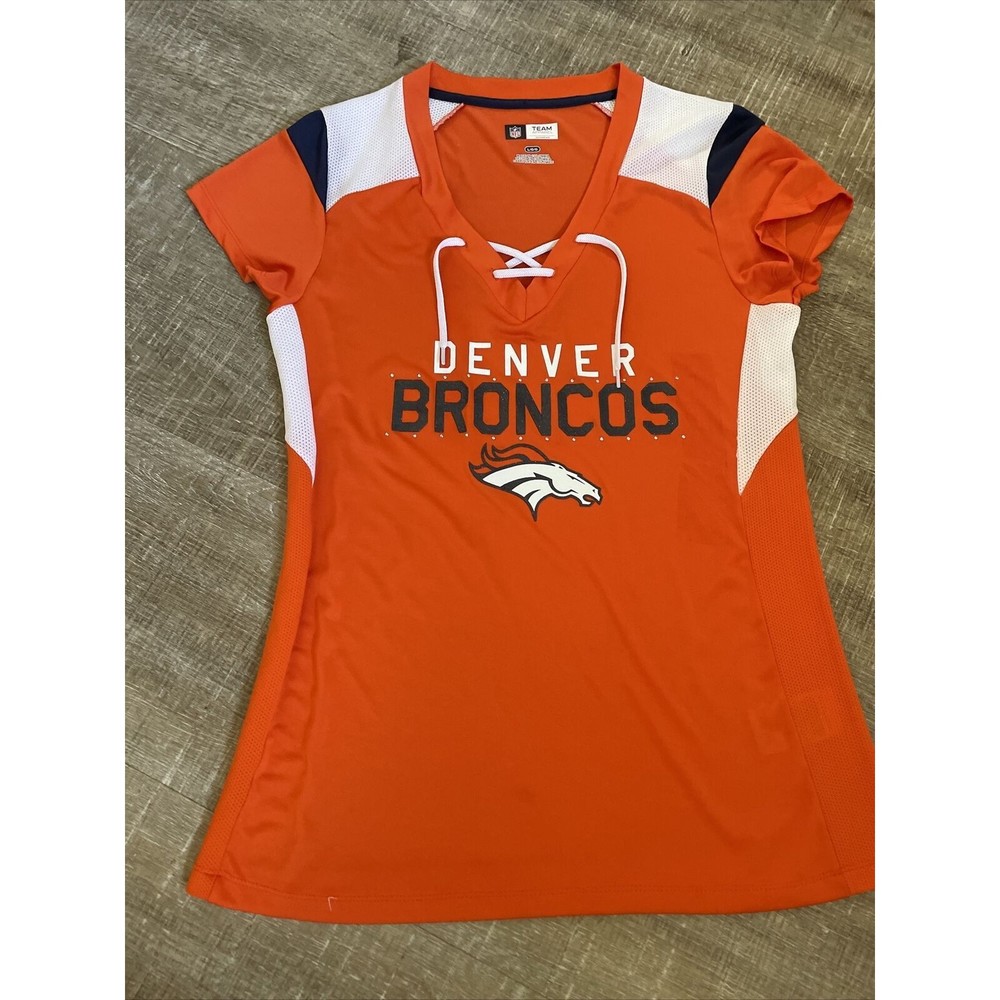Denver Broncos Womens White NFL Football V Neck Jersey Top Lace Up Size Small